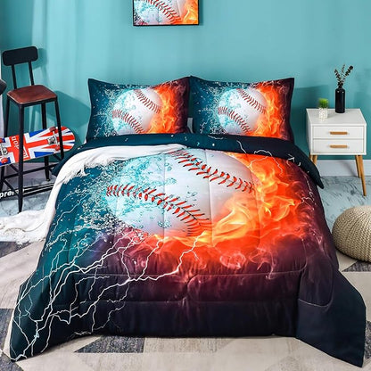 Andency Baseball Comforter Full (79x90 Inch), 3 Pieces(1 Baseball Comforter, 2 Pillowcases) 3D Microfiber Sport Baseball Comforter Set for Boy Kids Teens