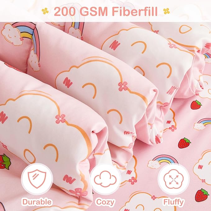 Mooreeke Bed in a Bag for Kids Girls Teens, 5 Pieces Twin Size Comforter Bed Set with Shams, Sheet Set, Rainbow Cloud Strawberry Pink Super Soft Microfiber Kids Comforter Bedding Set