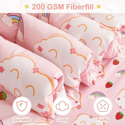 Mooreeke Bed in a Bag for Kids Girls Teens, 5 Pieces Twin Size Comforter Bed Set with Shams, Sheet Set, Rainbow Cloud Strawberry Pink Super Soft Microfiber Kids Comforter Bedding Set