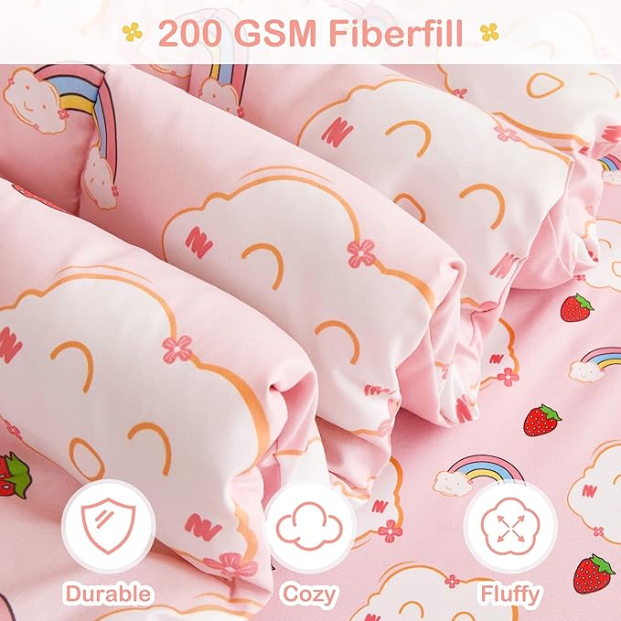 Mooreeke Bed in a Bag for Kids Girls Teens, 7 Pieces Full Size Comforter Bed Set with Shams, Sheet Set, Rainbow Cloud Strawberry Pink Super Soft Microfiber Kids Comforter Bedding Set