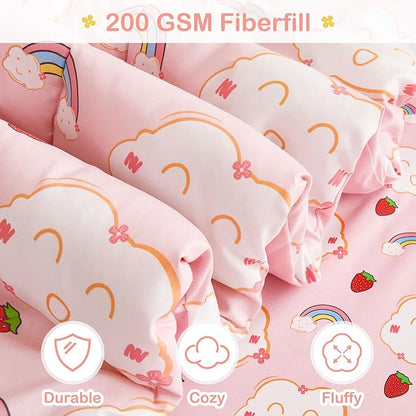 Mooreeke Bed in a Bag for Kids Girls Teens, 7 Pieces Full Size Comforter Bed Set with Shams, Sheet Set, Rainbow Cloud Strawberry Pink Super Soft Microfiber Kids Comforter Bedding Set