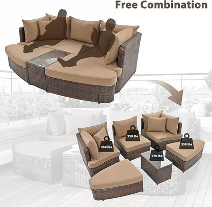 6-Piece Patio Round Sofa Set Rattan Daybed with Coffee Table and Cushions, Outdoor Furniture Conversation Sectional Seating Group for Garden, Poolside, Backyard, Brown