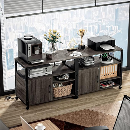 Lateral File Cabinets with Socket & USB Charging Station, Lockable Office File Cabinets Rolling Printer Stand with Open Storage Shelves for Home Office Organization & Storage