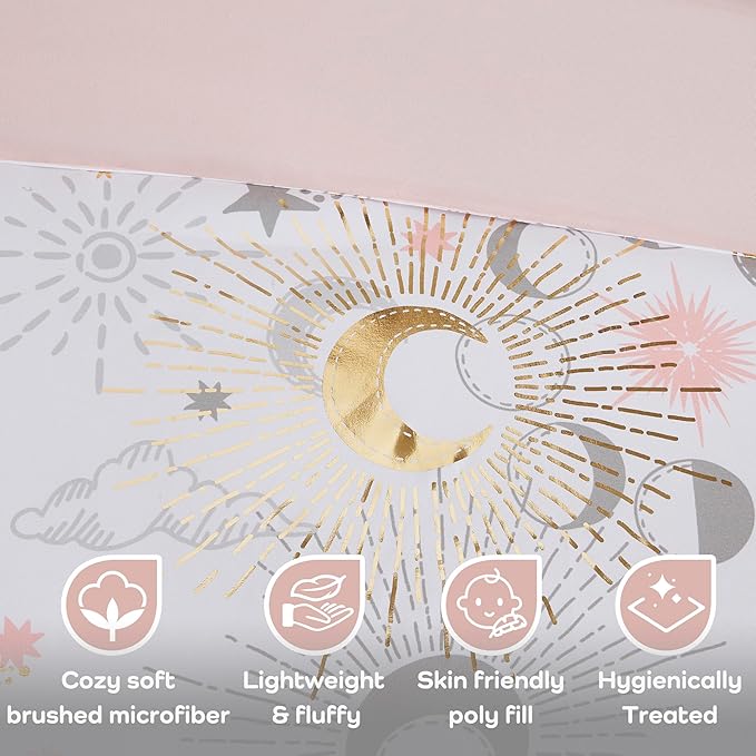 Mi Zone Kids Full Comforter Set, Celestial Metallic Comforter Set Starry Sky, Moon & Sun Comforters, All Seasons Lightweight & Fluffy Comforter Bed Set, 2 Shams, Celia, Full/Queen, Blush/Gold 4 Piece