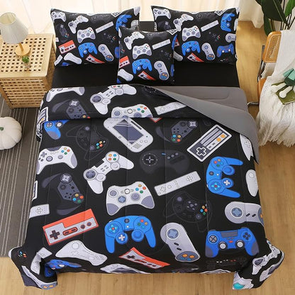 JQinHome Queen Gamer Comforter Set for Boys,6 Piece Bed in A Bag 3D Video Game Bedding -All Season Soft Microfiber Down Alternative Comforter Gamer Bedding Sets for Kids(Gamepad Collection)