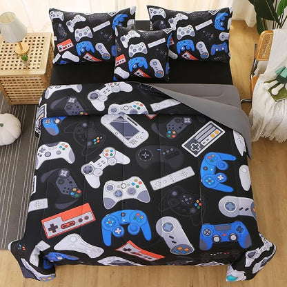 JQinHome Full Gamer Comforter Set for Boys,6 Piece Bed in A Bag 3D Video Game Bedding -All Season Soft Microfiber Down Alternative Comforter Gamer Bedding Sets for Kids(Gamepad Collection)