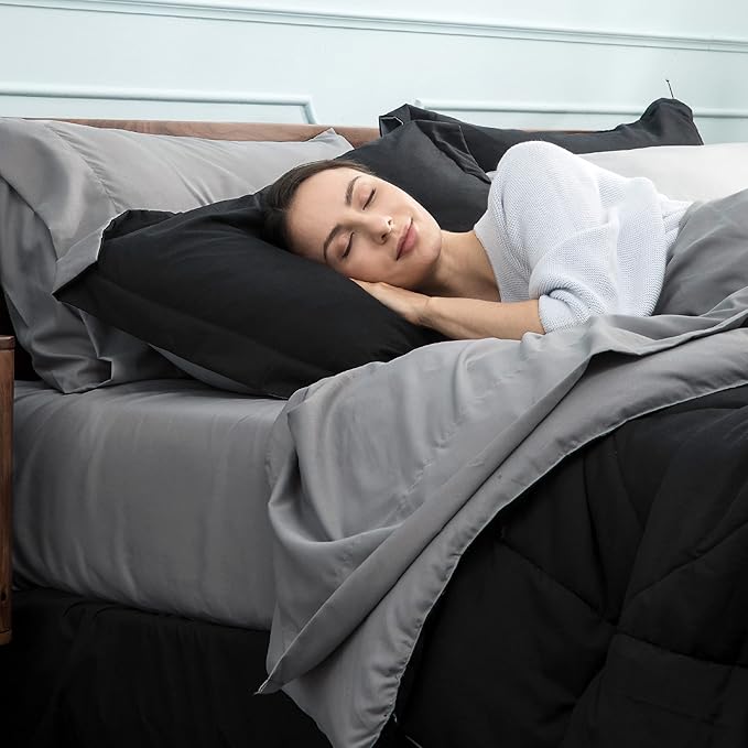 Bedsure Black Comforter Set King - 7 Pieces Reversible Black Bed Set King, Black Bedding Set King with Comforters, Sheets, Pillowcases & Shams, King Size Black Bed in a Bag