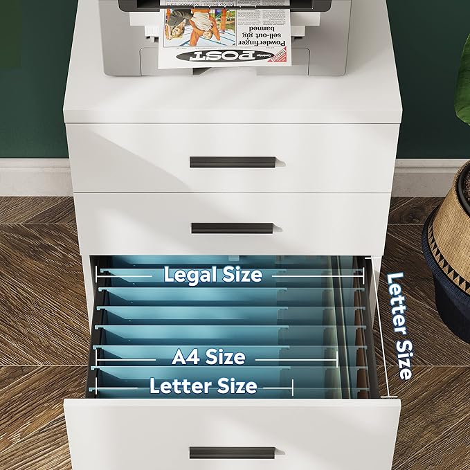 DEVAISE 3 Drawer File Cabinet for Home Office, Wood Under Desk Filing Cabinet, Rolling Printer Stand with Wheels, White