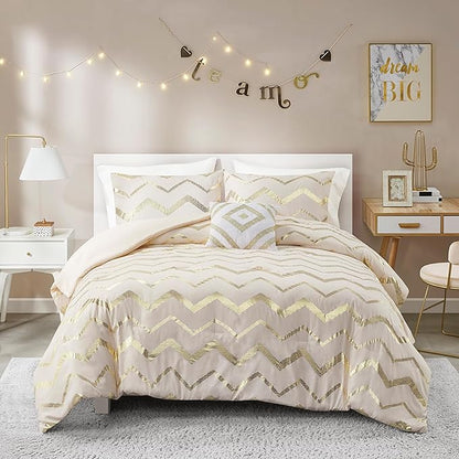 Codi Cream White and Gold Comforter Set for Full/Queen Size Bed, Cute Metallic Ivory Bed Sets, 4 Piece (2 Matching Shams + 1 Decorative Pillow)