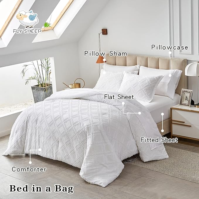 6 Pieces Tufted Bed in a Bag Twin Comforter Set with Sheets White, Soft and Embroidery Shabby Chic Boho Bohemian Design, Luxury Solid Color with Diamond Pattern, Jacquard Tufts Bedding Set for Kids
