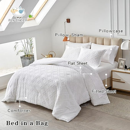 7 Pieces Tufted Bed in a Bag Queen Comforter Set with Sheets White, Soft and Embroidery Shabby Chic Boho Bohemian, Luxury Solid Color with Diamond Pattern, Jacquard Tufts Bedding Set for All Season