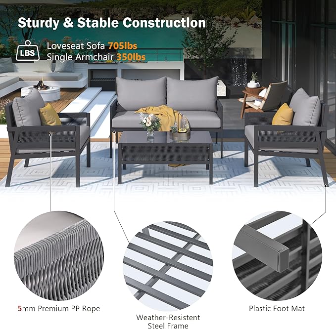 4 Piece Patio Furniture Set, Outdoor FSC Certified Acacia Wood Conversation Set, All-Weather Rope Sofa Set w/Tempered Glass Table, Loveseat for Lawn Balcony Poolside, Backyard, Backyard