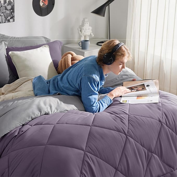 Bedsure Grayish Purple King Size Comforter Set - 7 Pieces Reversible King Bed in a Bag, King Bed Set Grayish Purple and Grey with Comforters, Sheets, Pillowcases & Shams
