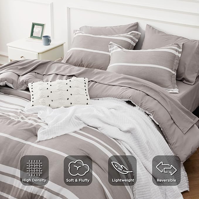 Bedsure Full Size Bedding Sets 7 Pieces, Warm Taupe White Striped Bedding Comforter Sets All Season Bed Set, 2 Pillow Shams, Flat Sheet, Fitted Sheet and 2 Pillowcases