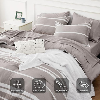 Bedsure Full Size Bedding Sets 7 Pieces, Warm Taupe White Striped Bedding Comforter Sets All Season Bed Set, 2 Pillow Shams, Flat Sheet, Fitted Sheet and 2 Pillowcases