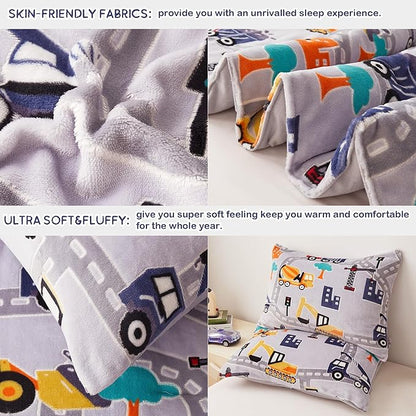 Mooreeke Glow in The Dark Twin Plush Fleece Comforter Bed Set, Soft & Warm 2 Piece Bed in A Bag with Sham, Velour Velvet Grey Excavator Highway Boys Kids Bedding Set, Fluffy Fuzzy Polar Cozy