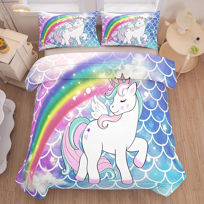 Tailor Shop Unicorn Comforter Sets Twin Size,Blue Unicorn Bedding Sets for Girls Kids Teens with 1 Pillowcase……