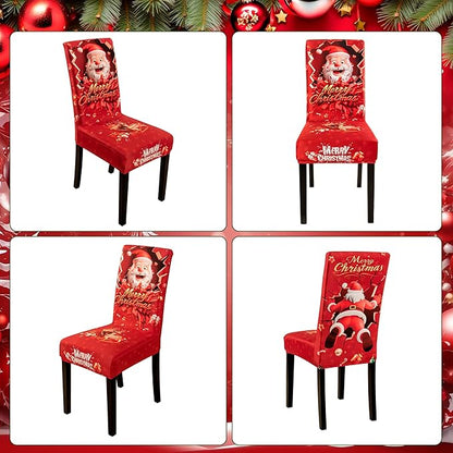 4PCS Christmas Dining Chair Covers Stretch Removable Washable Dining Room Chair Protector Slipcover 3D Print Santa Claus Deer Kitchen Chair Cover Slipcovers Protector for Xmas Holiday Party Home Décor