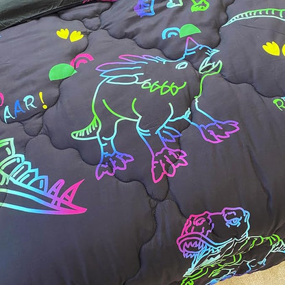 7 Piece Boys Dinosaur Comforter Bedding Set Bed in A Bag Full Size for Kid Girls Teens Dinosaurs Animal 3D Print Gradient Line Bedding Set with Comforter Sheet Set Pillowcase and Sham