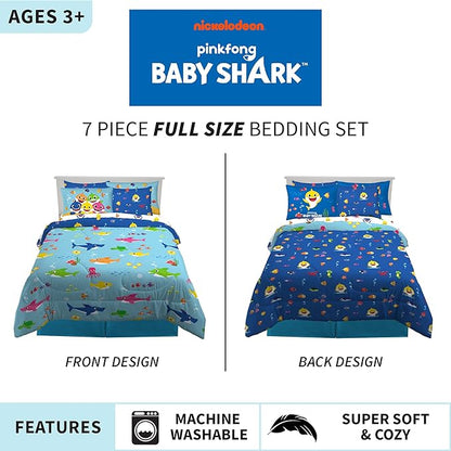 Franco Kids Bedding Super Soft Comforter and Sheet Set with Sham, 7 Piece Full Size, Baby Shark