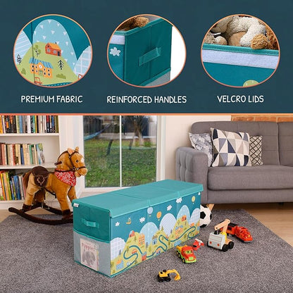 Extra Large Toy Storage Organizer with Lid - Sturdy, Collapsible Toy Chest Storage Box with Cute Design - Toys Bin with Dividers for Kids, Boys, Girls, Nursery, Bedroom, Play room 37"x16"x14"