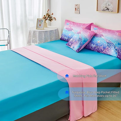 RYNGHIPY Mermaid Comforter Set 6Pcs, Kids Gilrs Bed in a Bag Full Size, Mermaid Tail Print Teens Girls Bedding Set, Rainbow Bedding Collections
