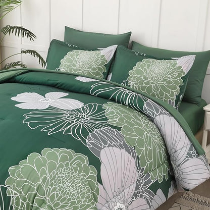 Yiran 7 Pieces Queen Floral Comforter Set,Emerald Green Bed in a Bag Flowers Comforter,Soft Microfiber Bedding Set with Comforter, Sheets, Pillowcases & Shams 90"×90"