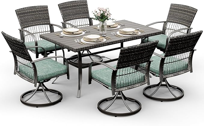Pamapic 7 Piece Patio Dining Set for 6,Outdoor Wicker Furniture Set for Backyard Garden Deck Poolside with 6 Cushions Swivel Rocker Chairs,Iron Slats Table Top, Removable Cushions(Green)