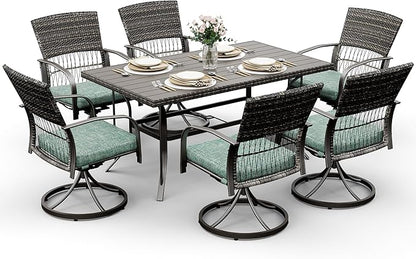 Pamapic 7 Piece Patio Dining Set for 6,Outdoor Wicker Furniture Set for Backyard Garden Deck Poolside with 6 Cushions Swivel Rocker Chairs,Iron Slats Table Top, Removable Cushions(Green)
