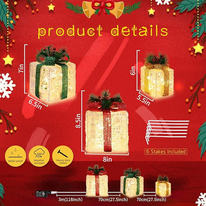 [Large 10"x8.5"x6.5" Christmas Set of 3 Lighted Clear Acrylic Gift Boxes Decorations Pre-lit 70 Super-Bright LED with Flashers,for Indoor Outdoor Pathway Holiday Party Home(Warm White)