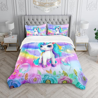 Kid Unicorn Comforter Set Twin/Full/Queen Size 3Pcs Butterfly Rainbow Flower Star Pattern Quilt Bedding Set for Boys Girls with 1 Comforter and 2 Pillowcases