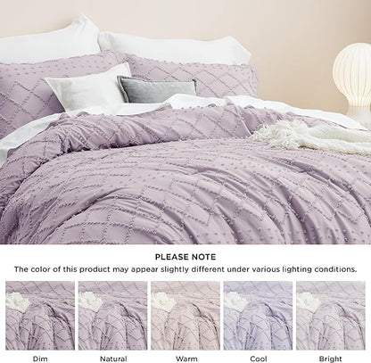 Bedsure Queen Comforter Set - Lavender Comforter, Boho Tufted Shabby Chic Bedding Comforter Set, 3 Pieces Vintage Farmhouse Bed Set for All Seasons, Fluffy Soft Bedding Set with 2 Pillow Shams