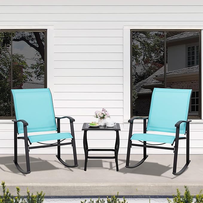 Shintenchi 3 Piece Rocking Bistro Set, Outdoor Furniture with Rocker Chairs and Glass coffee table set of 3, Balcony, Porch Furniture for Small Space, Blue