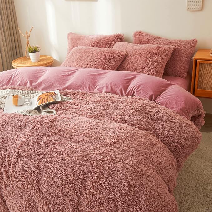 FOPPA Old Pink fluffy Comforter Cover Set king- Ultra Soft fluffy Old Pink Bedding Sets 3 Pieces (1 Duvet Cover + 2 Pillow case) Old Pink fluffy bed set (Old Pink, King)