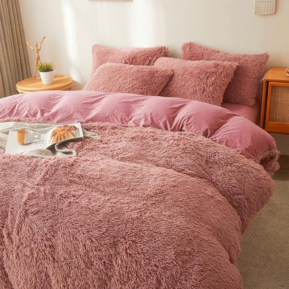 Fluffy old pink comforters Cover twin size - Ultra Soft Plush old pink bedding Sets 2 Pieces (1 faux fur comforter Cover + 1 fuzzy pillow case) girls shaggy old pink twin bed set (Old Pink, Twin)