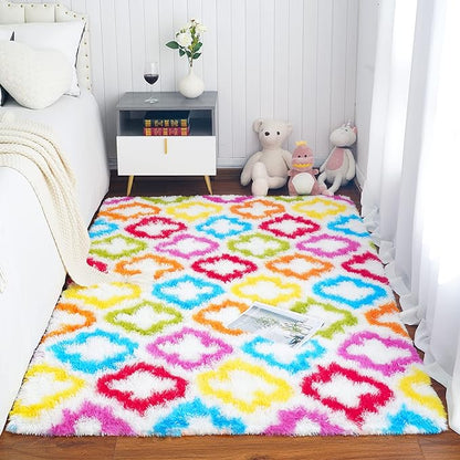 Tepook Fluffy Colorful Rug for Kids, Shaggy Soft Rainbow Area Rugs for Girls Bedroom, Indoor Modern Geometric Moroccan Rugs Plush Girls Kids Rug for Playroom Teens Room Nursery Home Decor, 3 X 5 ft