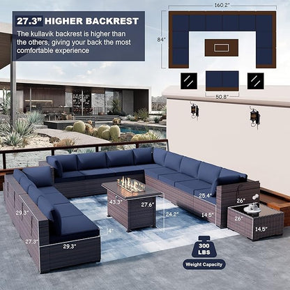 Kullavik 15PCS Outdoor Patio Furniture Set with 43" 55000BTU Gas Propane Fire Pit Table PE Wicker Rattan Sectional Sofa Patio Conversation Sets,Dark Blue