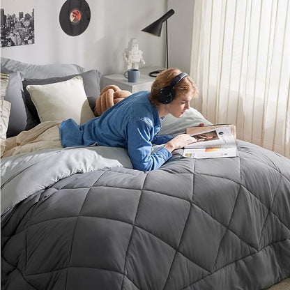 Bedsure Dark Grey Twin XL Comforter Set - 5 Pieces Reversible Twin XL Bed in a Bag for College, Extra Long Twin Bed Set Dark Grey with Comforters, Sheets, Pillowcase & Sham