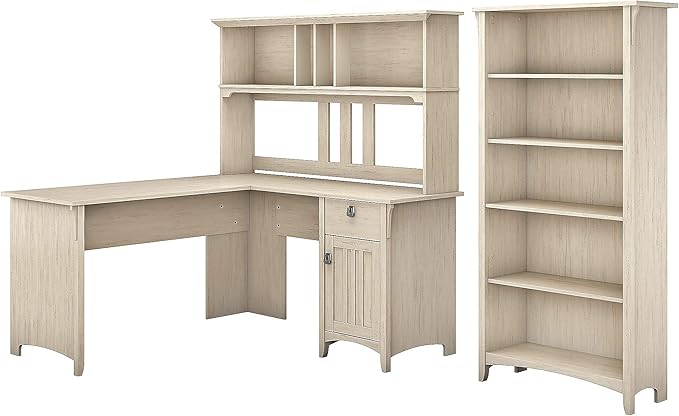 Bush Furniture Salinas 60W L Shaped Desk with Hutch and 5 Shelf Bookcase in Antique White