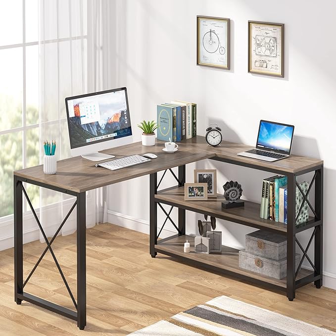 Tribesigns Reversible Industrial L-Shaped Desk with Storage Shelves, Corner Computer Desk PC Laptop Study Table Workstation for Home Office Small Space (Grey, 53")
