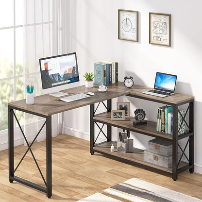 Tribesigns Reversible Industrial L-Shaped Desk with Storage Shelves, Corner Computer Desk PC Laptop Study Table Workstation for Home Office Small Space (Grey, 53")