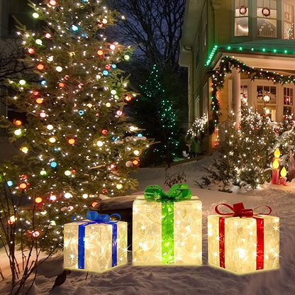 [Large 8.5"x7"x6" Christmas Set of 3 Lighted Gift Boxes Decorations Pre-lit 70 Super-Bright LED with Flashers,for Indoor Outdoor Christmas Tree Skirt Ornament Pathway Holiday Party Home