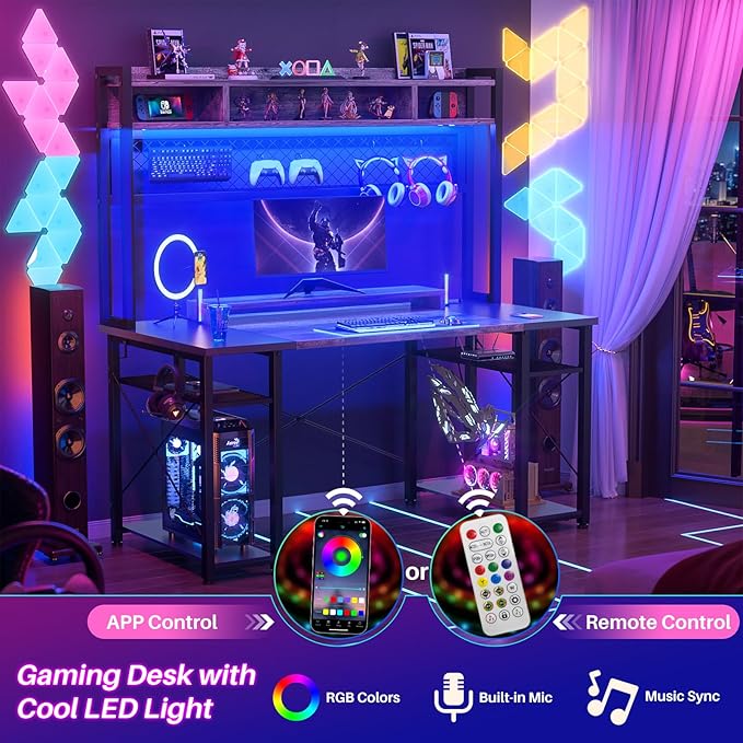armocity 2024 Upgrade Gaming Desk with Hutch, 48'' Magic Computer Desk with LED and Outlets, Reversible Workstation Desk with Pegboard, Grey/Black
