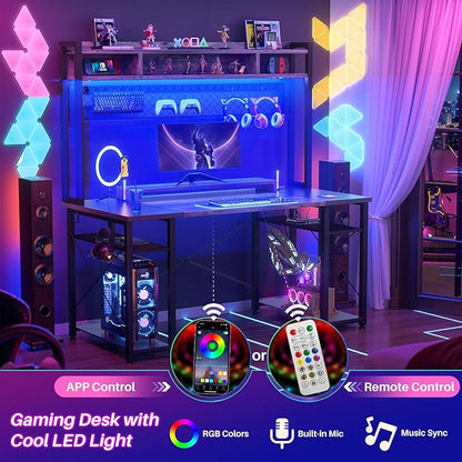 armocity 2024 Upgrade Gaming Desk with Hutch, 48'' Magic Computer Desk with LED and Outlets, Reversible Workstation Desk with Pegboard, Grey/Black