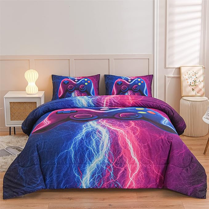 Meeting Story Gamer Gaming Bedding Sets Red Blue Lightnings Gamepad Comforter Set for Boys Games Console Action Buttons Novelty Colorful Modern Room Decor Home Quilt Set (Blue-Purple, Twin)
