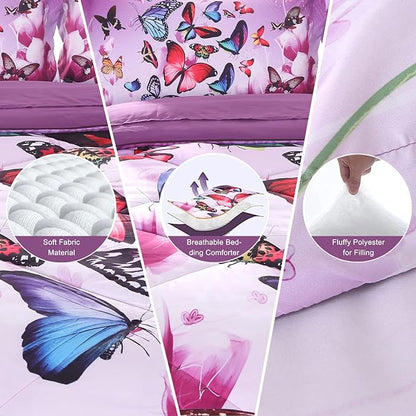ENCOFT Butterfly Comforter Queen Size, 3 Pieces Girls Teen Kids Quilted Bedspread Queen Bed Comforter Bedding Sets, All Seasons Microfiber Purple Butterfly Bedding Set, with Pillowcase