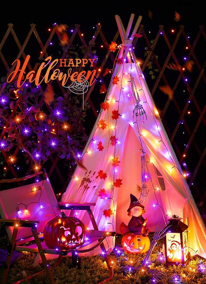 Minetom 2 Pack Solar Halloween Lights Outdoor, Total 80FT 200 LED Halloween String Lights with 8 Mode,Halloween Decoration Outdoor, Waterproof Solar String Lights for Outside Tree Yard,Orange & Purple