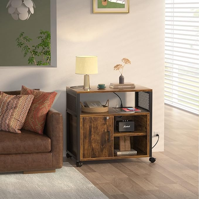 Unikito Lateral File Cabinet, Locking Office Filing Cabinets with Socket and USB Charging Port, Modern Rolling Printer Stand with Storage for A4, Letter Size and File Folders, Rustic Brown