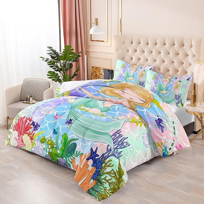 CVHOUSE Mermaid Comforter Set,Ocean Sea Mermaid Bedding Set for Girls Kids Teens,Mermaid Comforter Butterflies Duvet Set Room Decor Quilt Set Twin Size
