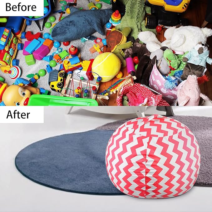 Stuffed Animal Storage Bean Bag Chairs Toy Storage Organizer Bean Bags Chair Cover for Kids 24" Cotton Canvas Beanbag with Zipper for Organizing Kid's and Adults Room and Adults, Pink wave